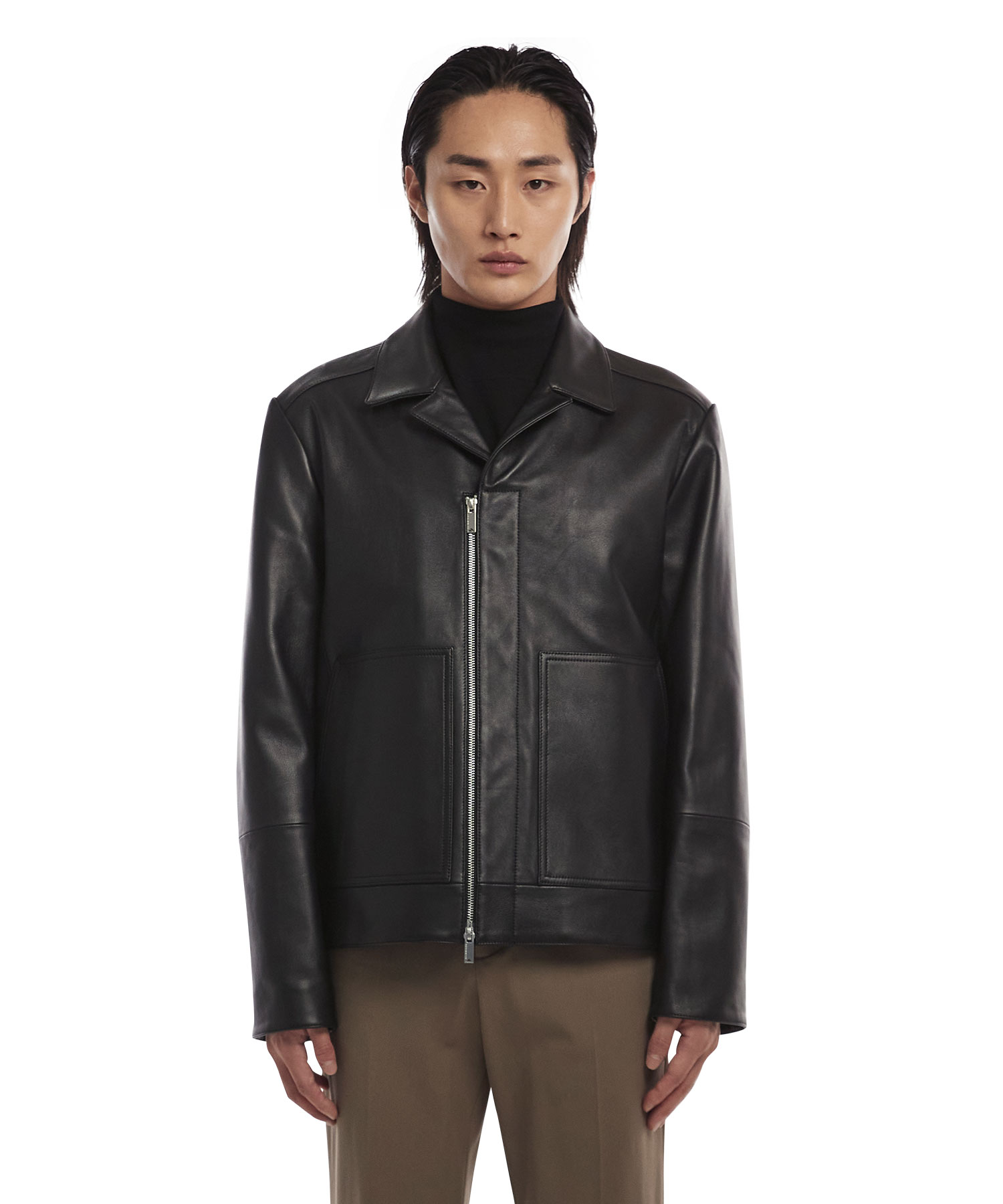 Modern open collar jacket / Lamb skin (Black)
