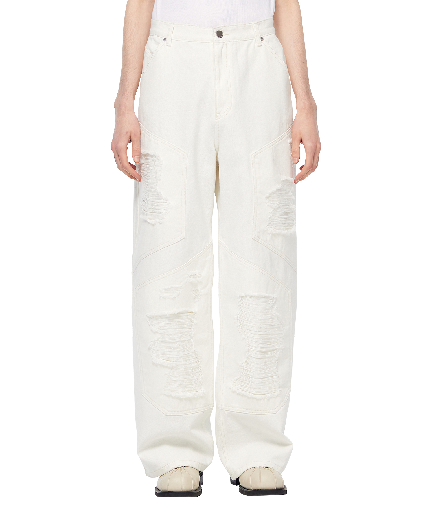 Destroyed Washed Denim Pants - White