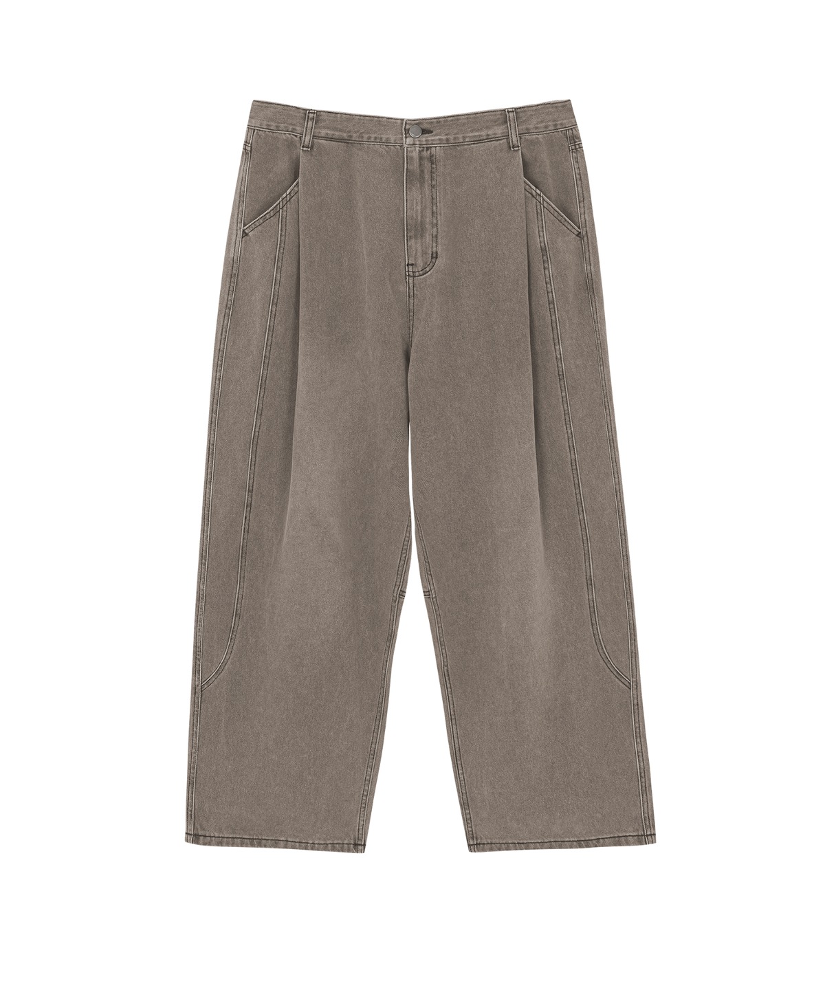 One Tuck Cut-Off Wide Denim Pants - Ash Brown